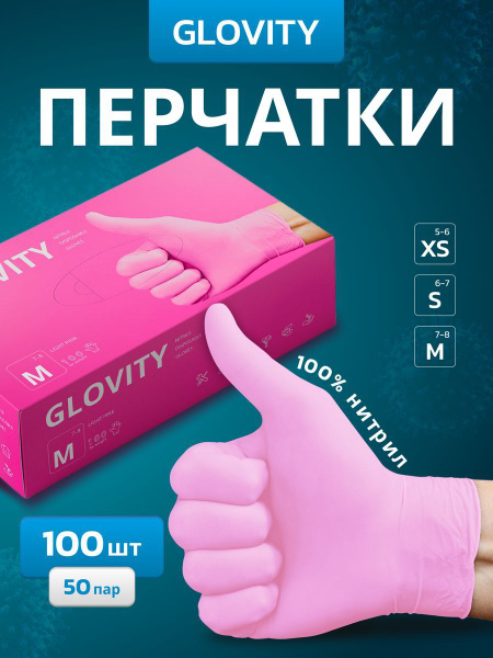 Pink Nitrile Gloves GLOVITY - Powder-Free, 100 Count (50 Pairs), Size Small
