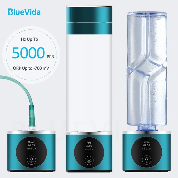 Bluevida Hydrogen Water Generator Bottle: DuPont SPE/PEM Electrolysis, 2-Chamber Design, Inhalation & Time Display