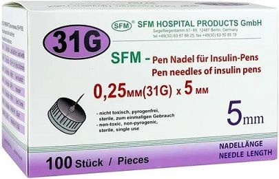 SFM 31G Insulin Pen Needles (0.25 x 5mm, 100 Count)