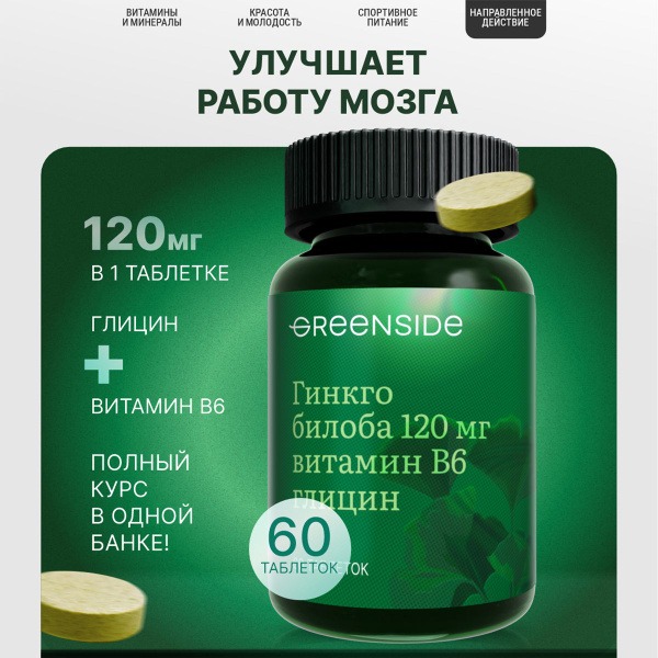 Ginkgo Biloba 120mg with Glycine & Vitamin B6 for Enhanced Memory, Focus & Brain Circulation - 60 Tablets