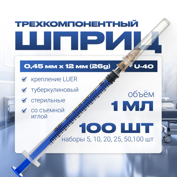 Insulin Syringes 1ml U-40 with Needle (0.45x12mm, 26G SFM) - 100 Pack