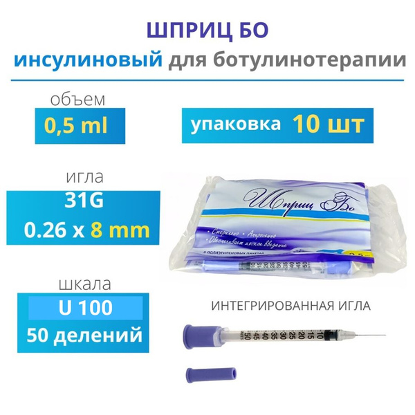 Bo Insulin Syringe, 0.5ml U100, 31G 8mm Integrated Needle, 10 Count, for Botulinum Therapy