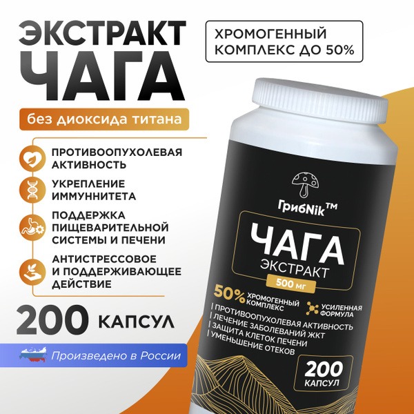 Chaga Mushroom Extract 500mg (200 Capsules) - Gut, Digestive & Detox Support - ГрибNik