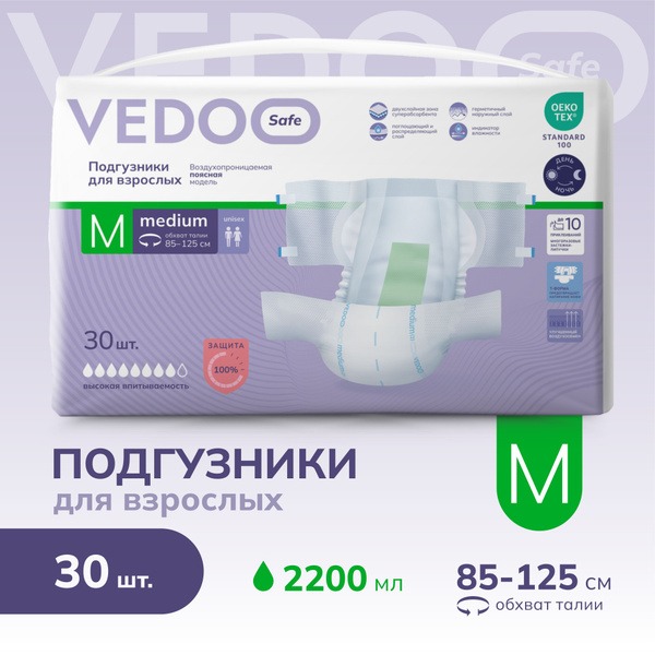 VEDOO Adult Diapers, Size M (30 Count): Heavy Absorbency, Breathable, Wetness Indicator