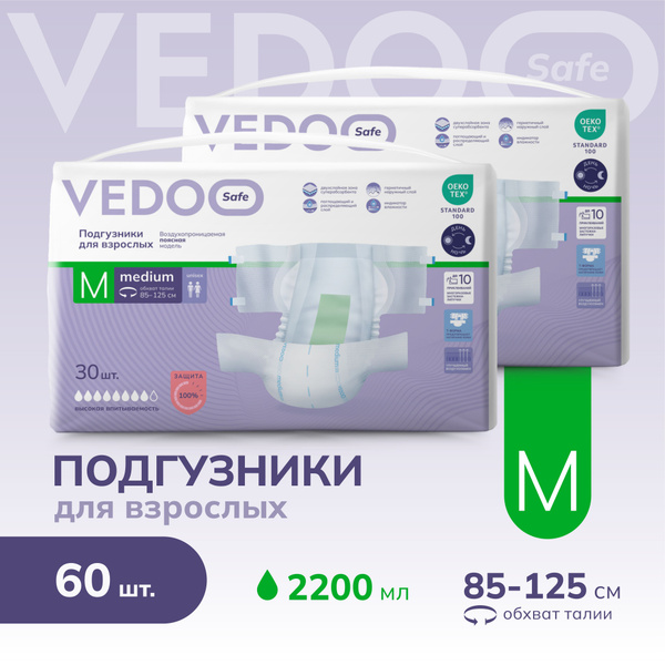 VEDOO Adult Diapers Size M (60 Count): Heavy Duty Absorbent, Breathable, Overnight & Daytime Protection