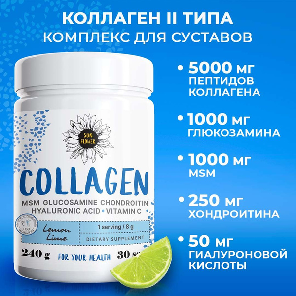 Hydrolyzed Type II Collagen Powder with Vitamin C, Glucosamine, Chondroitin, MSM & Hyaluronic Acid - Joint & Ligament Support (Lemon-Lime, 240g)