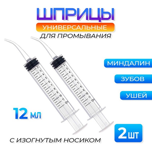 Ear & Throat Irrigation Syringe with Thin Tip (2 Pack, 12ml)