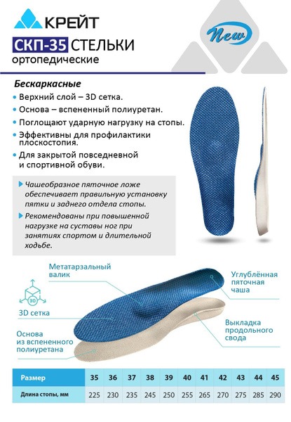 Blue Orthotic Sports Insoles with Shock Absorption - Size 39