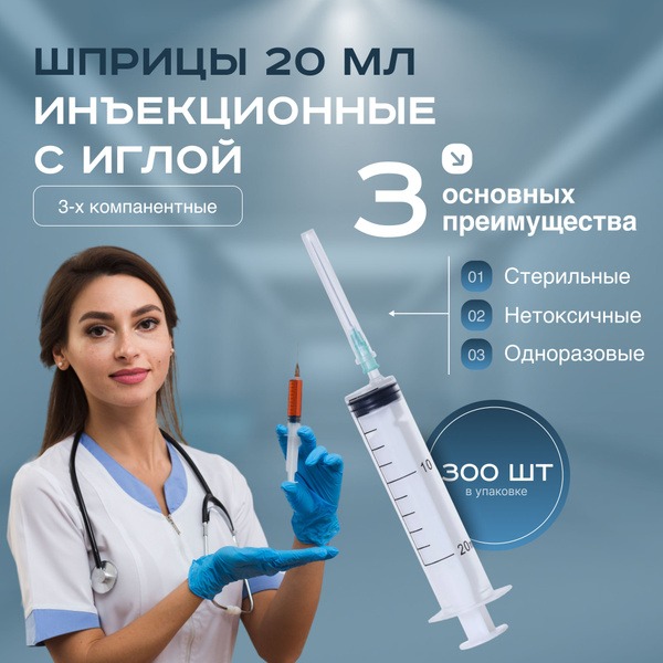 20ml 3-Part Disposable Syringes with Needle (300 Pack)