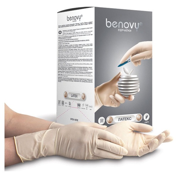 Sterile Latex Surgical Gloves (50 Pairs, 100 Count), Powder-Free, Medium (7), BENOVY