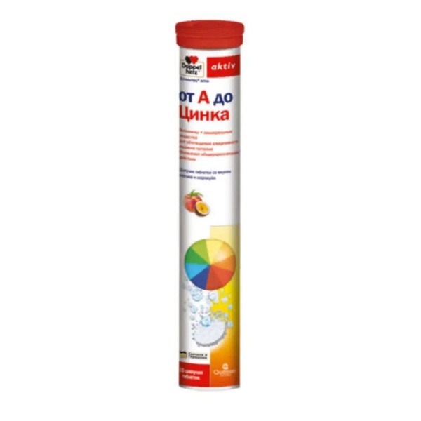 Doppelherz Active A-to-Zinc Effervescent Tablets, Peach-Maracuja Flavor, 15 ct