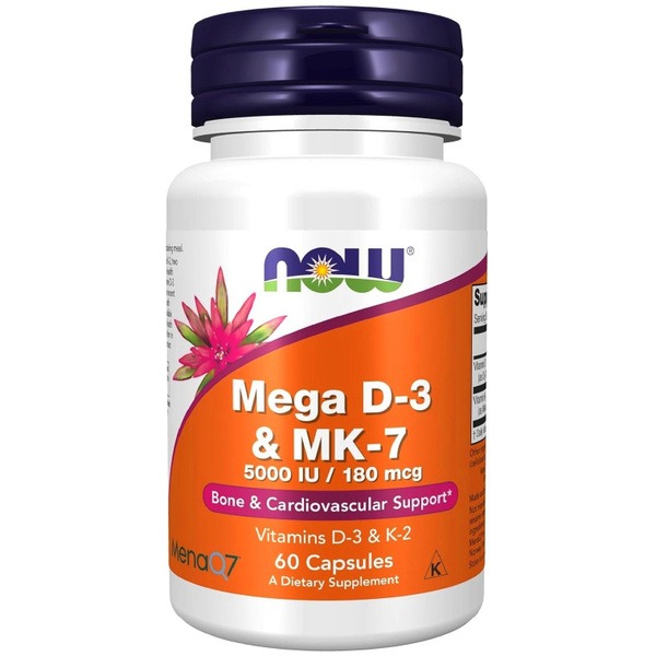 NOW Mega D3 & K2 (5000 IU/180 mcg) - 60 Capsules: Immune, Bone, & Heart Support