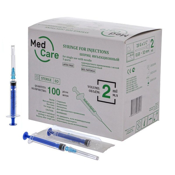 MedCare 3-Part Disposable Syringes with Needle (2ml, 23G, 100 Pack)