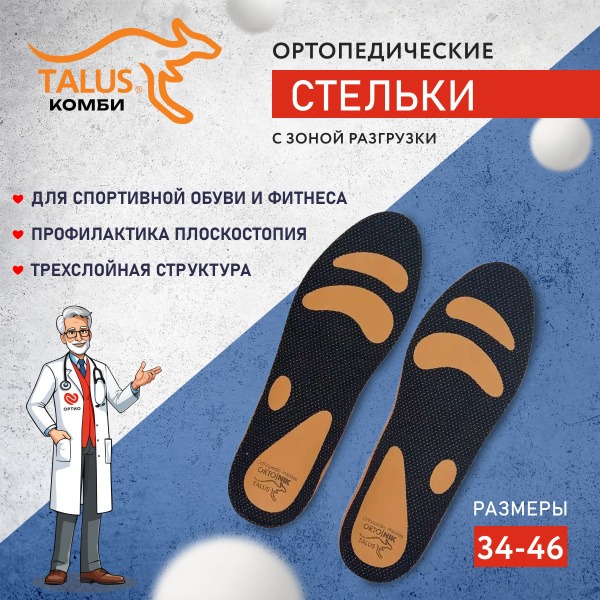 Talus SB07 Orthotic Insoles: Antibacterial, Soft Comfort for Men & Women (Sizes 45-46)