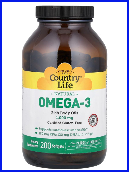 Country Life Omega-3 Fish Oil 1000mg EPA/DHA - 200 Capsules