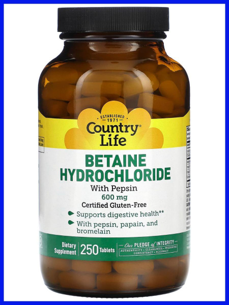 Country Life Betaine HCL & Pepsin Supplement - 600mg, 250 Tablets