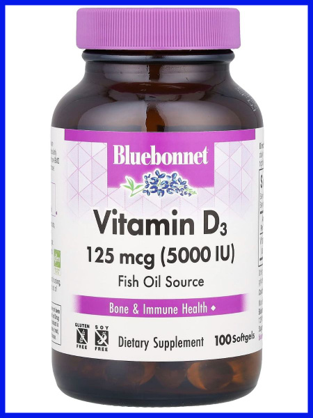 Bluebonnet Nutrition Vitamin D3 Dietary Supplement, 125 mcg (5000 IU), 100 Softgels