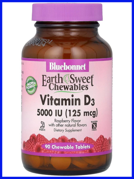 Bluebonnet Nutrition Vitamin D3 Gummies, 5000 IU (125 mcg), Raspberry Flavor, 90 Count