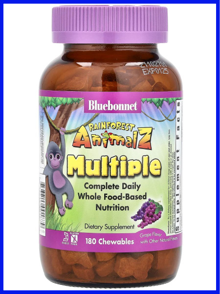 Bluebonnet Nutrition Rainforest Animalz Children's Multivitamin Gummies, Grape Flavor, 180 Count