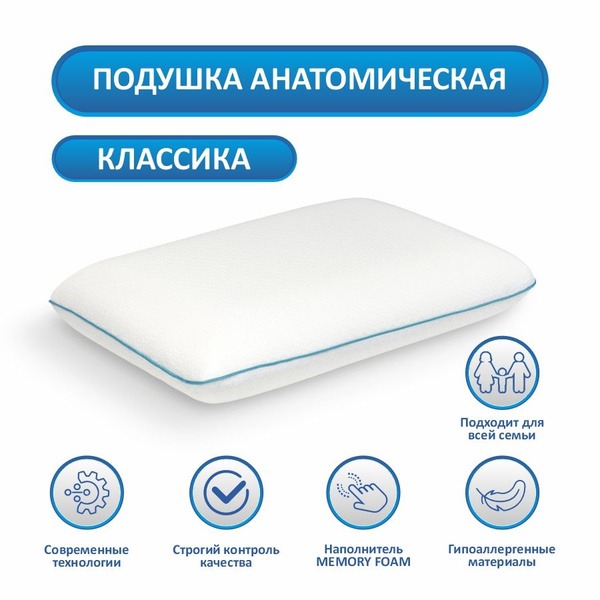 Memory Foam Pillow: Classic Ergonomic Design, Teal Trim