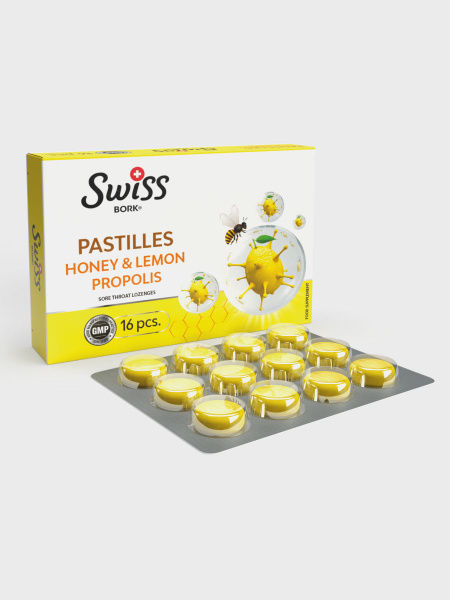 Swiss Bork Honey Lemon Propolis Lozenges for Sore Throat - 16 Count
