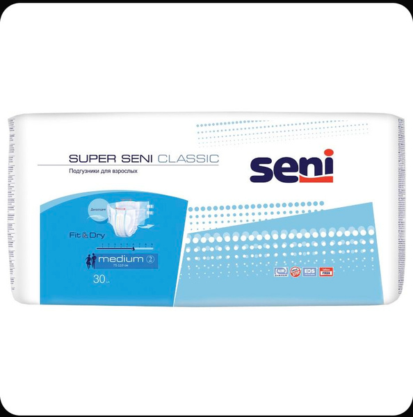 Seni Standard Adult Diapers, Size M (Medium), 30 Count