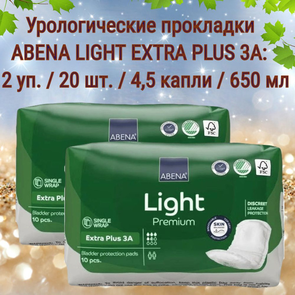 Abena Premium Light Extra Plus 3A Urological Pads: 650ml Absorption, 20 Count (2 x 10)