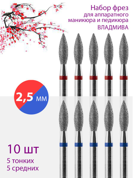 VLMV Diamond Nail Bit Set for Manicure & Pedicure, Cuticle Care, D-2.5mm, Fine/Medium, 10 Pcs