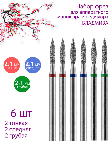 VladMiVa Diamond Nail Bit Set for Cuticle Care (D-2.1mm, Fine/Medium/Coarse) - 6 Pcs