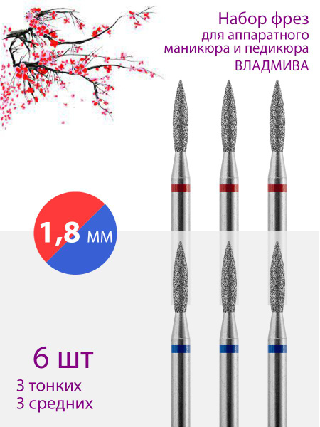 VladMiVa Diamond Nail Bit Set for Cuticle Care (Thin/Medium, 1.8mm) - 6 Pcs