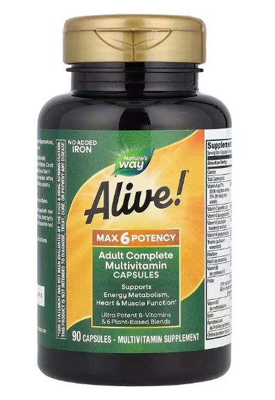 Nature's Way Alive! MAX6 Multivitamin (90 Capsules, No Iron) - Energy & Immunity Boost