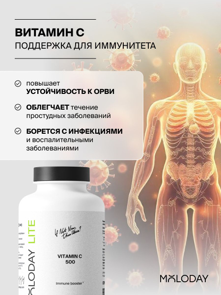 Vitamin C 500mg Sodium Ascorbate Immune Support - MOLODAY Lite (60 Capsules)
