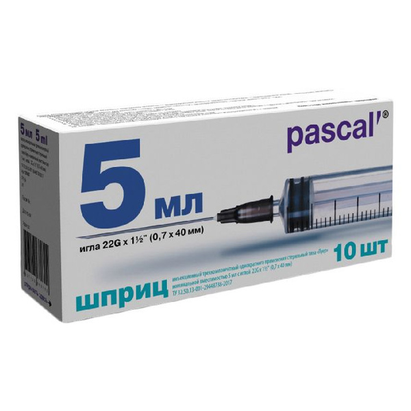 Sterile Disposable 3-Part Pascal Syringe 5ml with 22G Needle (0.7x40mm) - 10 Pack