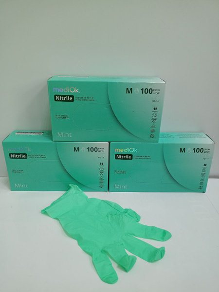 MediOk Mint Nitrile Gloves: 150 Pairs (300 Count), Textured, Powder-Free, Size M