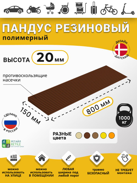 Polymer Ramp RUBEZH for 2cm Thresholds (20x800x150mm), Dark Brown - Wheelchair, Warehouse, & Car Access