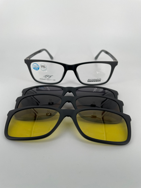 Magnetic Snap-On Sunglasses Romeo R25649: Plastic Frame, 3 Lenses, Case Included