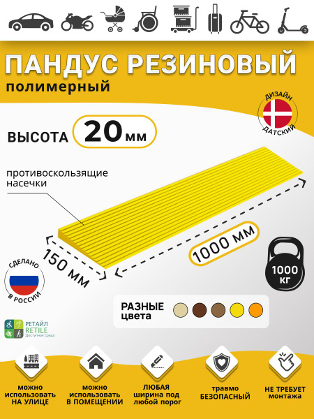 Yellow Polymer Ramp for 2cm Thresholds (20x1000x150mm) - Wheelchair, Warehouse & Car Access