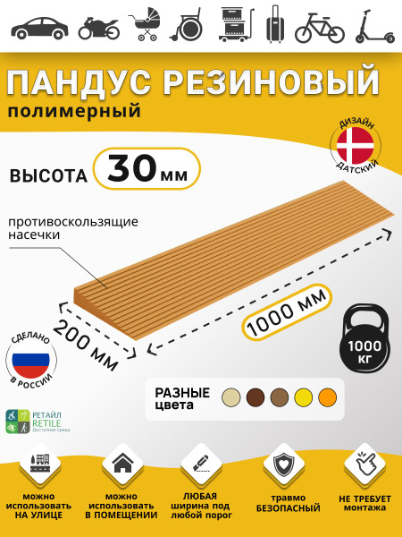 Polymer Ramp RUBEZH for 3cm Thresholds (30x1000x200mm), Light Brown, Wheelchair, Warehouse & Vehicle Access