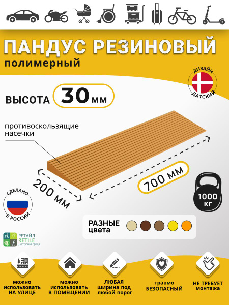 Polymer Ramp RUBEZH for 3cm Thresholds (30x700x200mm), Light Brown, Wheelchair, Warehouse & Car Access