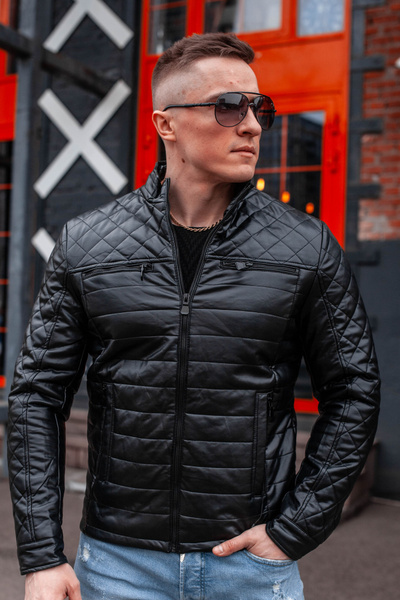 Men's Faux Leather Jacket, Black Quilted, Straight Fit