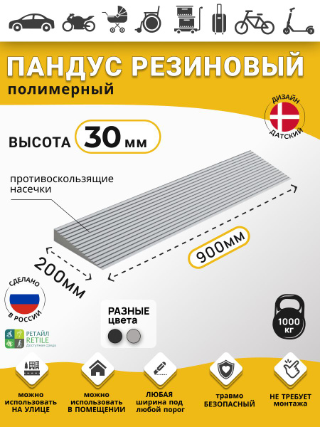 RUBEZH Polymer Ramp for 3cm Thresholds (30x900x200 mm), Grey, for Wheelchairs, Warehouses & Vehicles