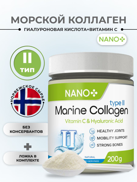NANO+ Marine Collagen Type 2 Powder | Hydrolyzed w/ Vitamin C & Hyaluronic Acid | Fragrance-Free | 200g