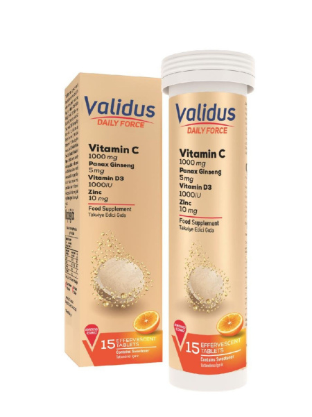 Vitamin C with Ginseng & Zinc - Validus Daily Force, 15 Effervescent Tablets