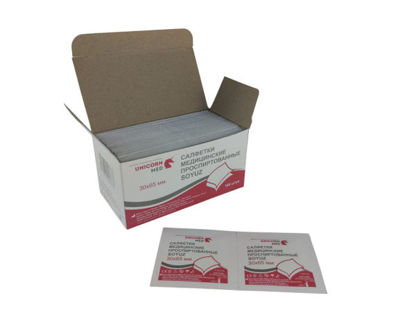 Alcohol Wipes 30x65mm "SOYUZ" Ethyl Alcohol (Unicornmed) 100 Pcs
