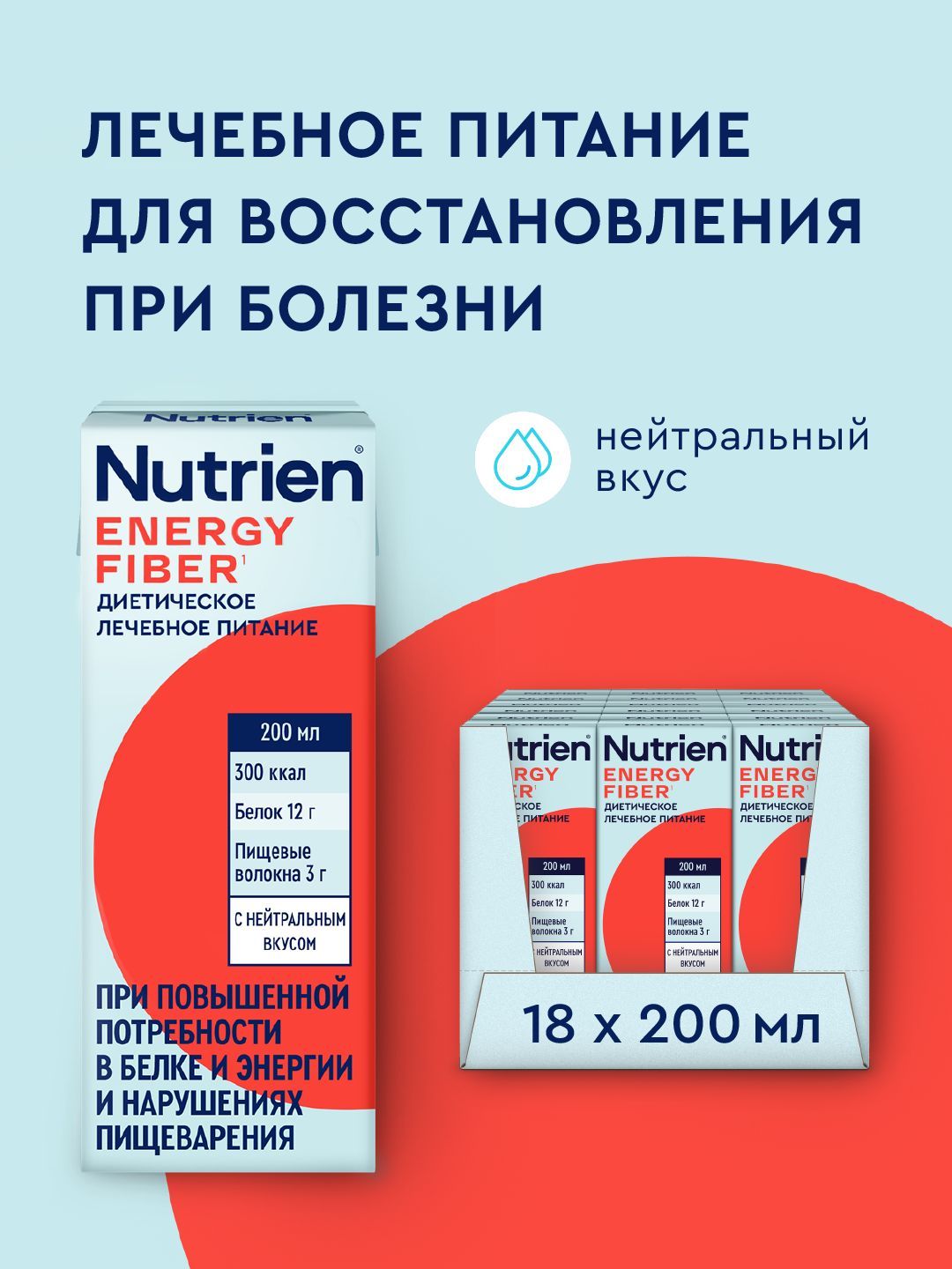 Nutrien Energy Enteral Nutrition with Fiber, Neutral Taste, 200 ml, 18 Pack
