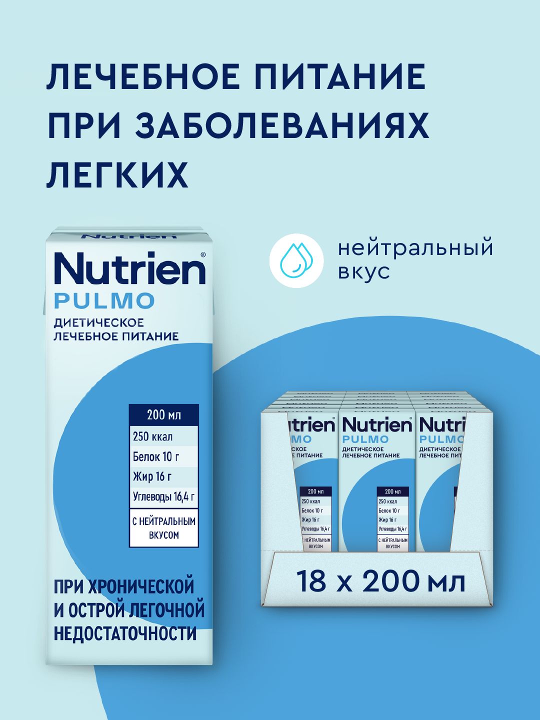 Nutrien Pulmo Enteral Nutrition, Neutral Flavor, 200 ml, 18 Packs