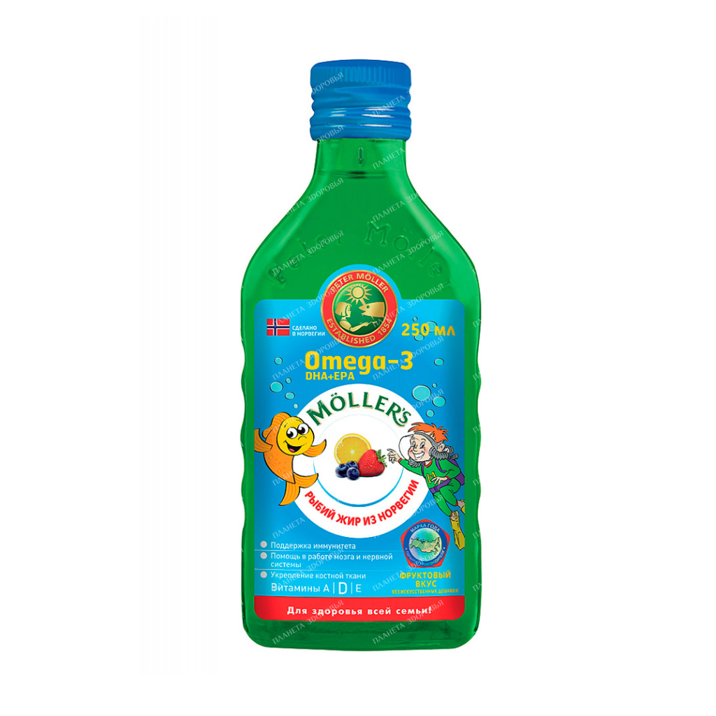 Fish oil MELLER with fruit flavor in a bottle of 250 ml