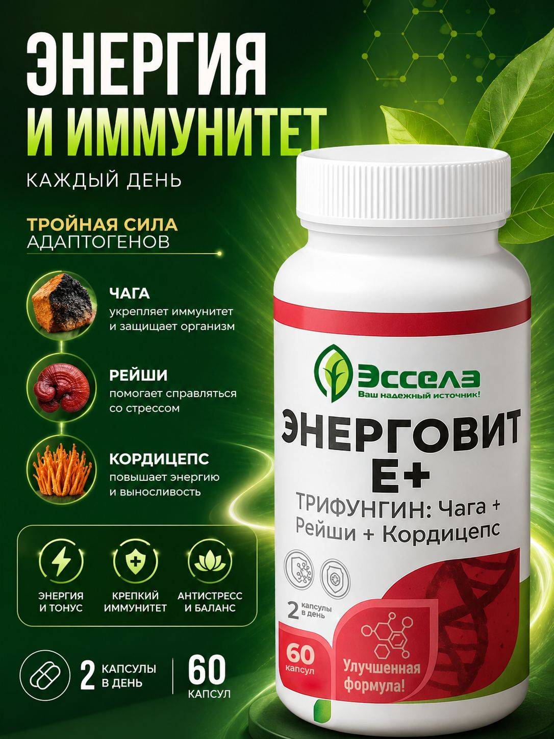 Essela Cordyceps, Chaga, Reishi Energy and Immunity Supplement, 60 Capsules 60 Count