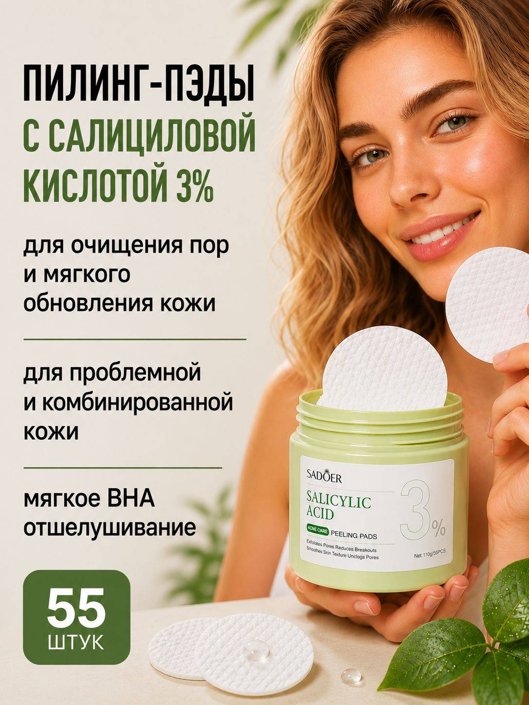 Sadoer Salicylic Acid Facial Peeling Pads 55 Count