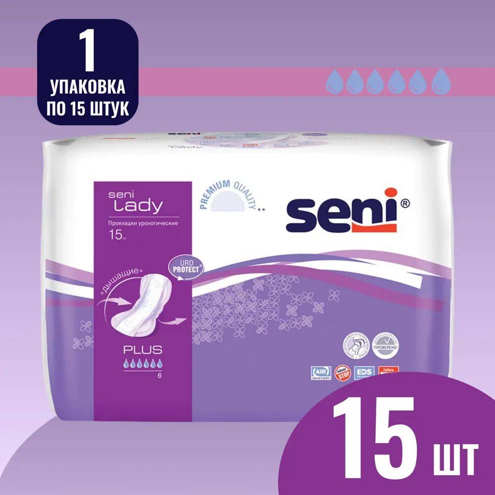 Seni Lady Plus Urinary Pads, 6 Drops, 15 Pads 15 Count